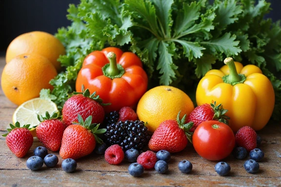 Una selezione di frutta fresca e verdura colorata, che simboleggia un'alimentazione sana.