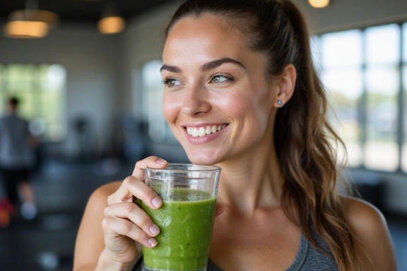 Una donna che beve un frullato verde dopo l'allenamento, simboleggiando il recupero muscolare e l'idratazione.
