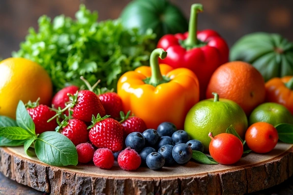 Frutta e verdura fresca su un tavolo di legno